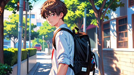 cute anime boy with backpack walking to school manga style illustration digital art