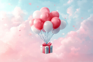 Children's Day card with a bunch of flying balloons and a gift box on a pink sky background. Happy birthday and Valentine's Day. Gift box, balloons on an isolated pink background.