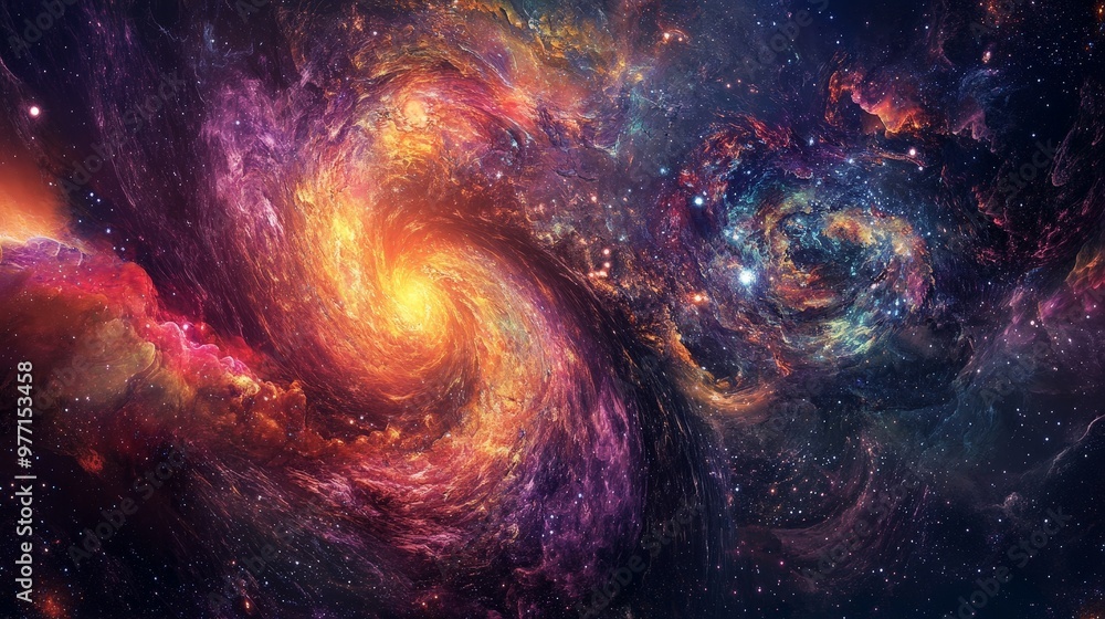 Poster an otherworldly psychedelic space environment with a kaleidoscope of colors and distorted star forma