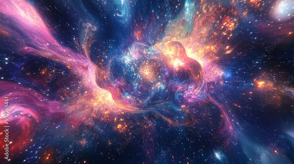 Poster an otherworldly psychedelic space environment with a kaleidoscope of colors and distorted star forma