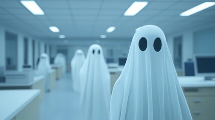 Haunting Office Assistance, a surreal scene of employees in ghost costumes engaging with clients, merging spooky elements with a corporate atmosphere of support and service.