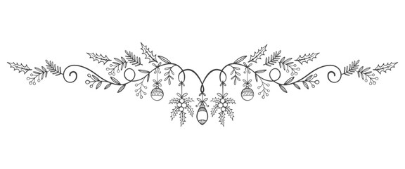 hand drawn vector illustration christmas decoration, christmas tree, christmas bell, christmas ball