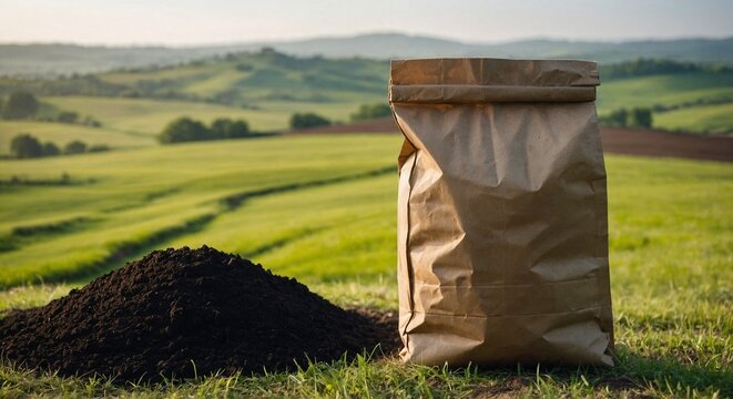 A large heavy paper bag filled with biochar on a grassy field, represents eco-friendly packaging and sustainable agriculture. soil package mock-up
