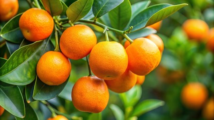 Vibrant orange calamondin fruit drips with juice, nestled among leafy tree branches, its delicate petals unfolding like