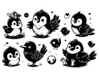 set of birds, set of cute birds, black and white bird icon