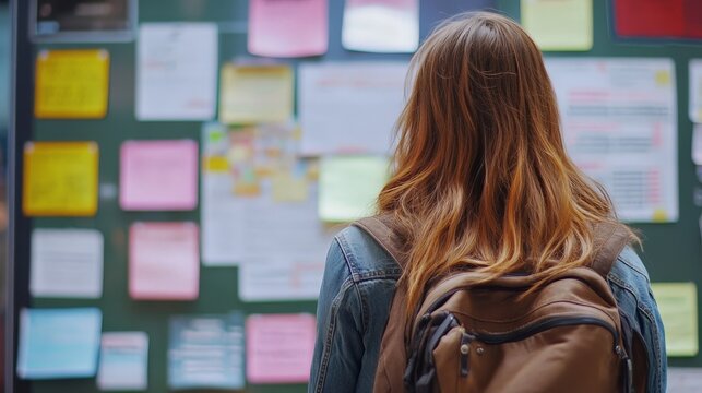 Capture a student glancing at a bulletin board filled with semester events and deadlines, feeling a mix of excitement and nervousness as they prepare for classes.