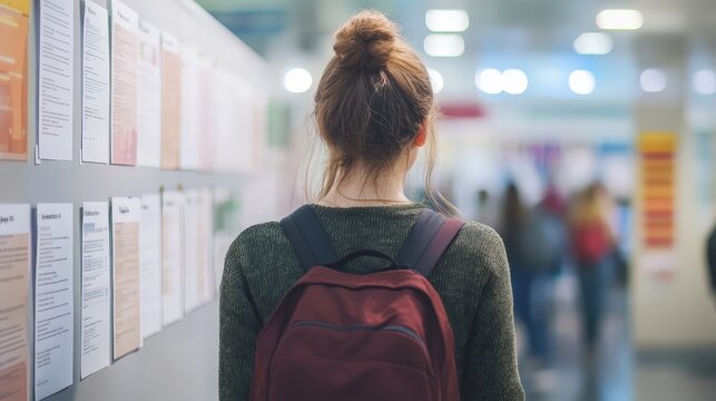 Capture a student glancing at a bulletin board filled with semester events and deadlines, feeling a mix of excitement and nervousness as they prepare for classes.