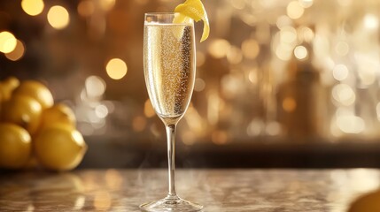 Capture the elegance of a French 75, served in a champagne flute, with a lemon twist and sparkling bubbles rising to the top.