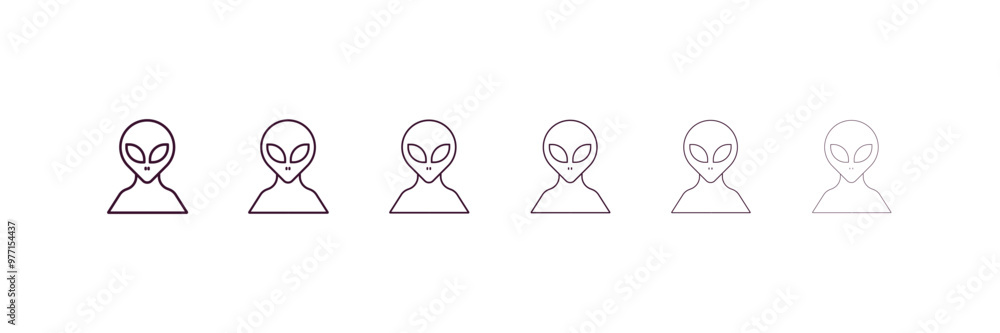 Poster alien outline icon. linear vector from astronomy concept. 6 different line style alien icon included