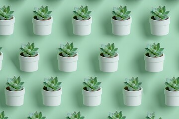 Succulents in white pots on mint green background, perfect for home decor, gardening themes, and nature inspired designs Offers a fresh and vibrant aesthetic
