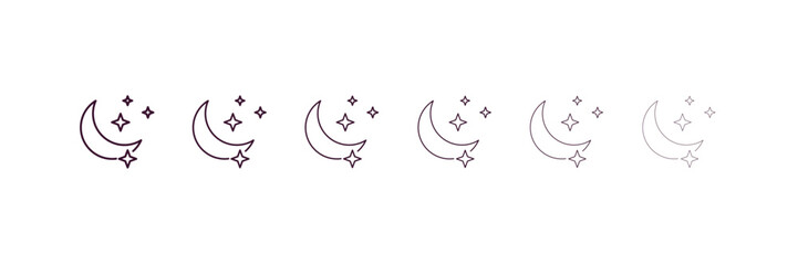 half moon outline icon. Linear vector from astronomy concept. 6 different line style half moon icon included thin, light, regular, medium, bold, black.