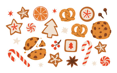 Set of gingerbread Christmas cookies with fondant icing in shape of forest trees, five-pointed stars and sweet cane, chocolate chip cookie. Cute vector holiday illustration with homemade baked goods.