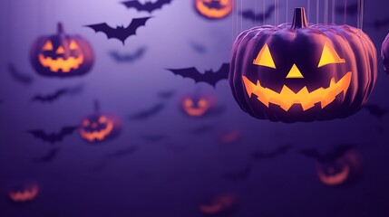 Festive Halloween Scene with Glowing Jack-o-Lanterns and Bats Hanging in a Mysterious Purple Fog