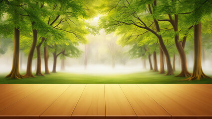 Empty wooden table top with summer green forest blurred background.