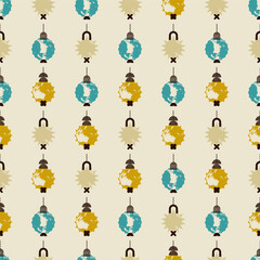 Christmas square seamless pattern with blue, yellow tree toys. Stylish background. Repeating vector design element for print