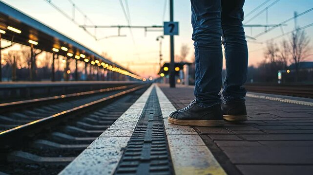 Person waiting patiently at the edge of a dimly lit train station platform as the evening sky transitions to night, with the tracks stretching into the distance
