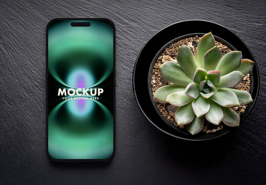 High-end Smartphone Mockup on a Slate Stone Table with Dark Studio Light and a Succulent Cactus with Generative AI