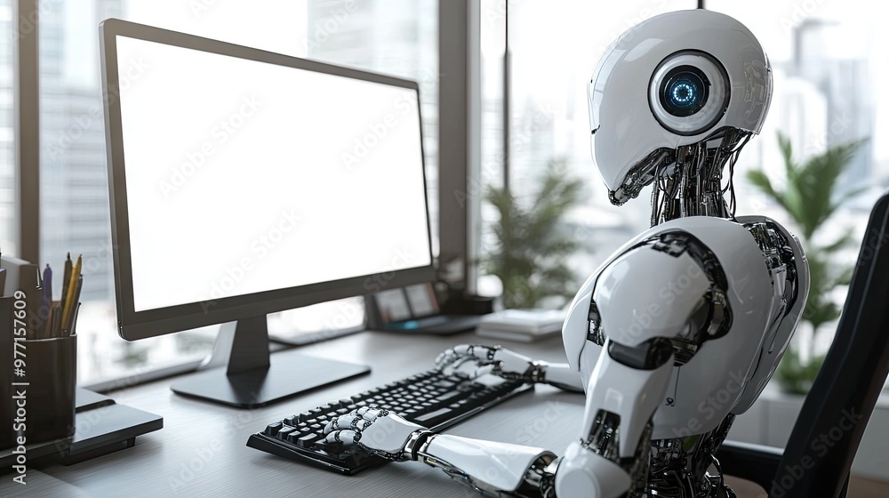 Poster a humanoid robot sits at a desk, typing on a computer with a blank white screen, symbolizing futuris