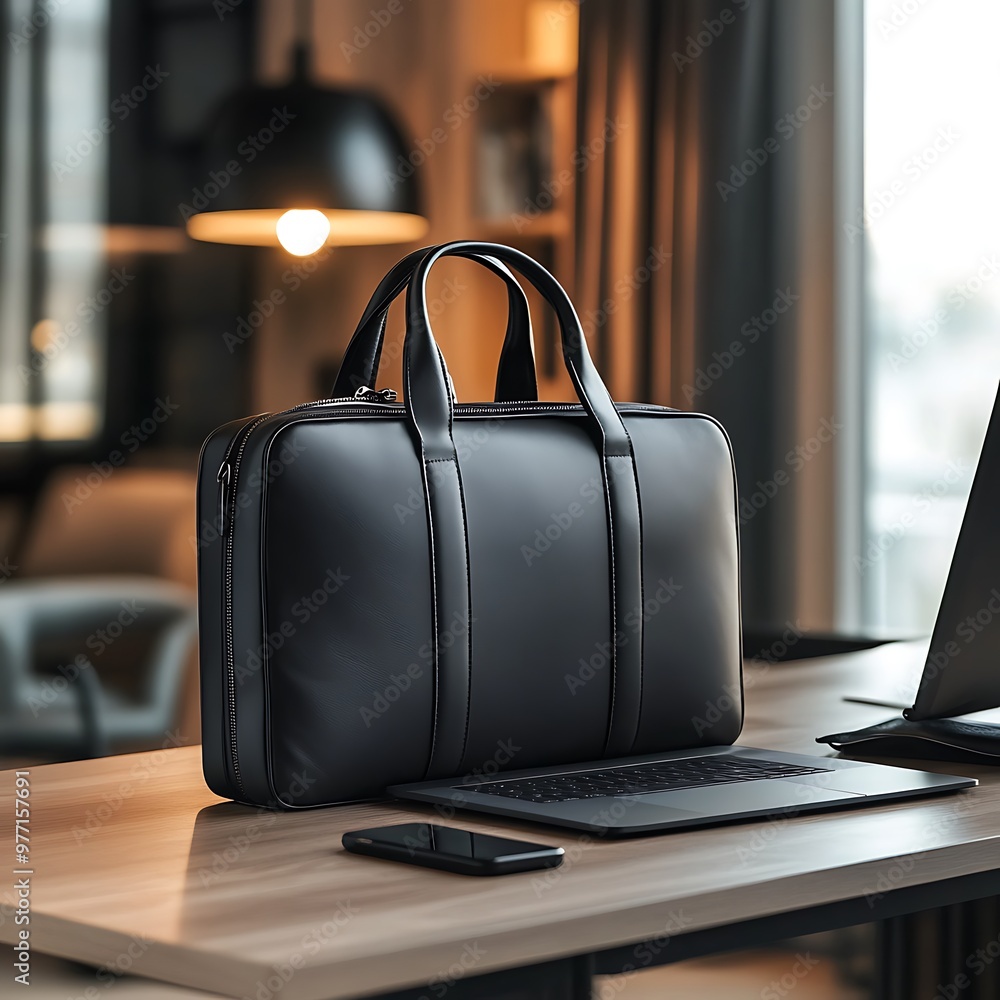 Canvas Prints Black Leather Briefcase on a Desk with a Laptop and Smartphone.