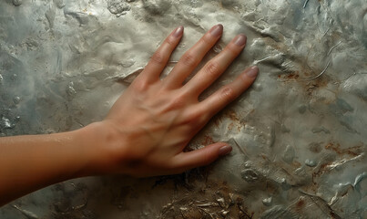 Fototapeta premium A hand gently presses on a textured surface, highlighting the intricate details and shiny finish of the material.