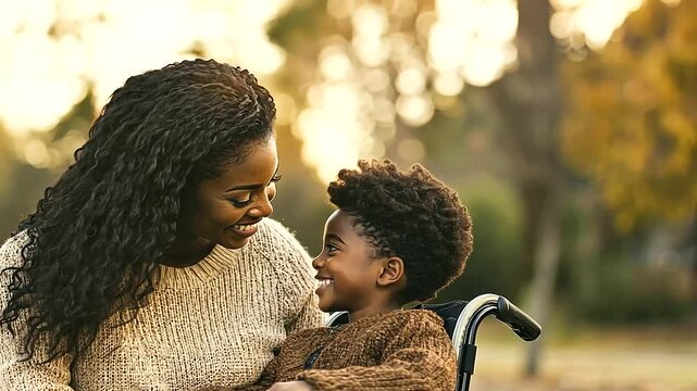 heartwarming scene of black African American mother and her child with special needs in a wheelchair, smiling and bonding as they spend quality time in a serene park setting