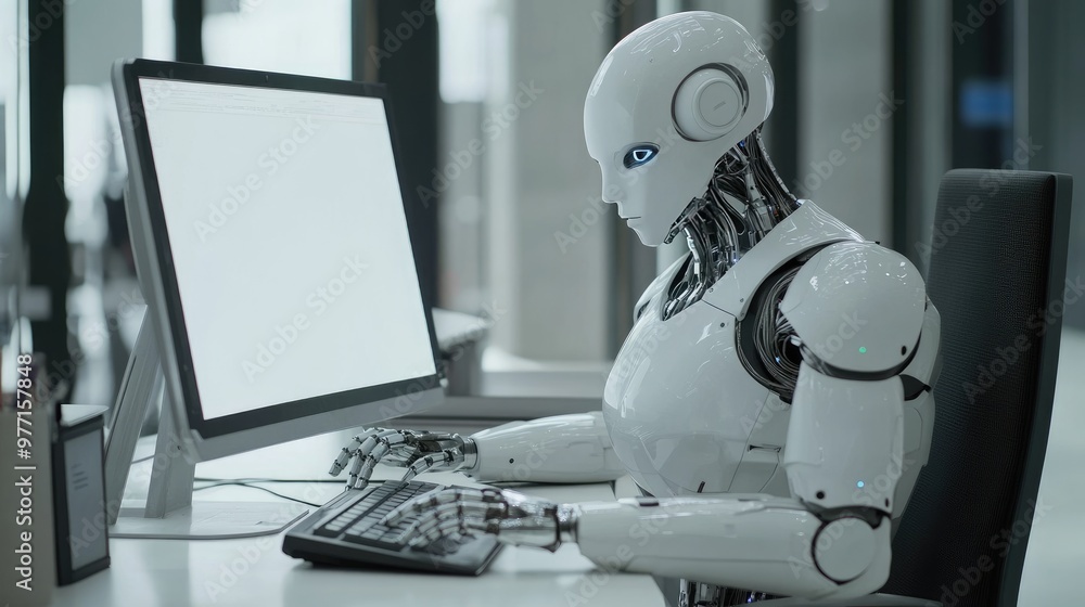 Poster a humanoid robot sits at a desk, typing on a computer with a blank white screen, symbolizing futuris
