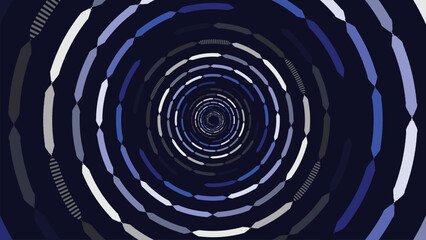 Abstract round spinning vortex style deep data cycle simple smooth line background in dark blue. 