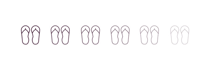 two flip flops outline icon. Linear vector from beauty concept. 6 different line style two flip flops icon included thin, light, regular, medium, bold, black.