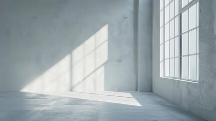 A minimalist room with white walls and a large window casting a beam of sunlight onto the floor