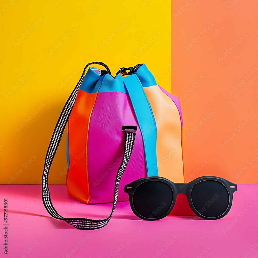 Wall mural Colorful Backpack and Sunglasses on a Multicolored Background.