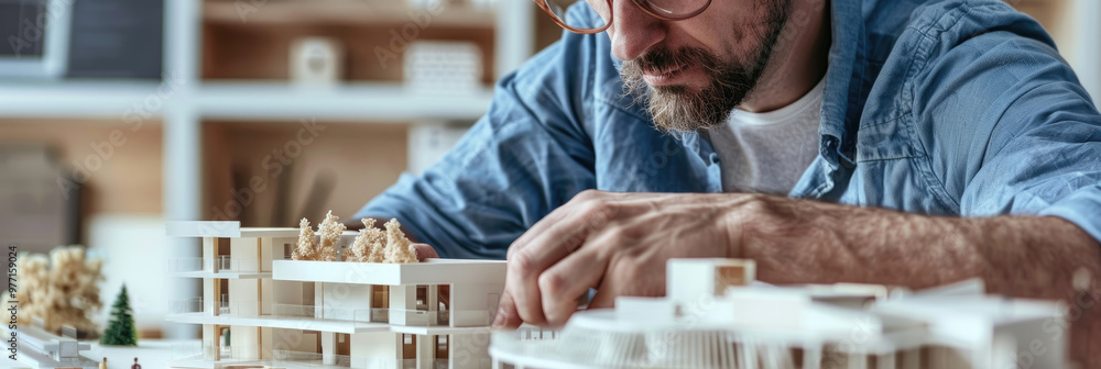 Poster a designer focuses intently on assembling a miniature model of a contemporary structure, surrounded 