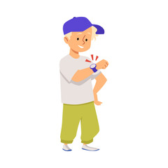 Boy showing smart watch on his wrist, child using gadget, fitness bracelet accessory, vector cartoon online technologies