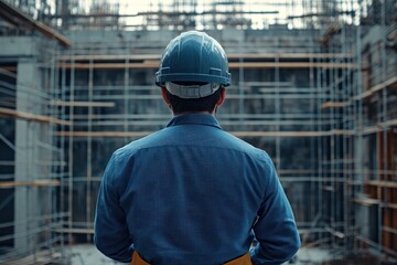 Construction Worker Looking at Scaffolding