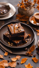 A stack of caramel drizzled brownies on a black plate, accompanied by a cup of caramel sauce and autumn leaves scattered around.

