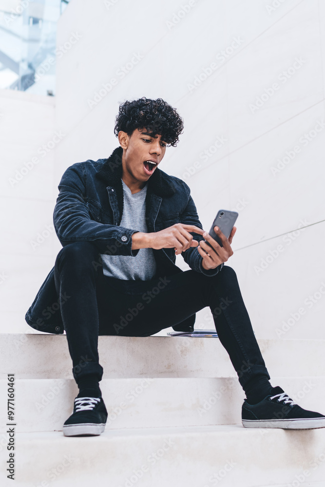 Poster surprised man using mobile banking application for making payment shocked with balance, hipster guy 
