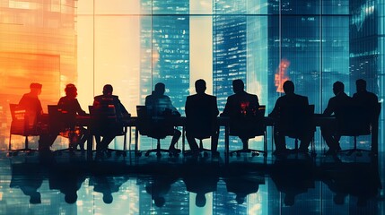 Silhouettes of Businesspeople in a Meeting Room with a City View