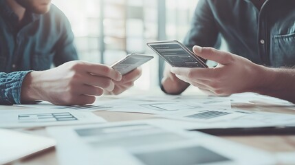Two Men Working Together on a Project, Using Smartphones and Papers
