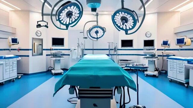 An empty operating room in a hospital, with a surgical table, medical equipment and bright lighting.