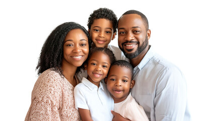 Happy african american family of dad mom daughter and son preschoolers on transparent background