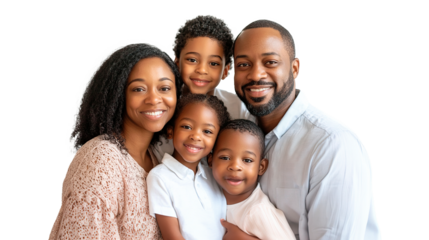 Happy african american family of dad mom daughter and son preschoolers on transparent background