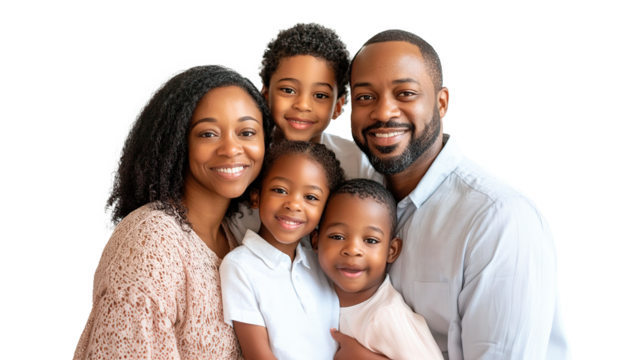 Happy african american family of dad mom daughter and son preschoolers on transparent background