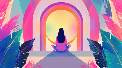 Obraz premium A person sits cross-legged in a colorful environment, facing a glowing archway, surrounded by vibrant foliage and pastel hues, capturing a peaceful moment