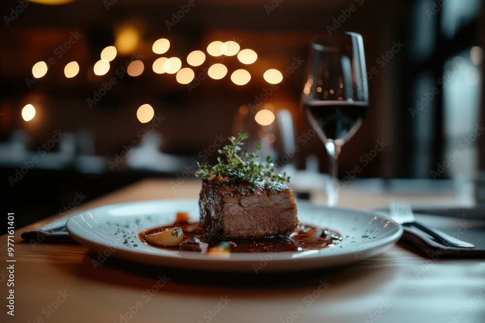 Wall mural a minimalist and elegant dish of braised meat on the table with a wine glass, in an interior environ