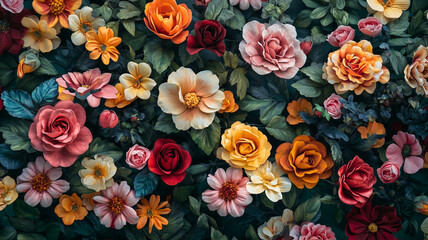 Colorful floral arrangement featuring various blooms against a dark background in springtime