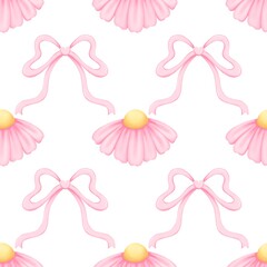 Seamless pattern cute bows with pink flowers. Hand draw illustration. For fabric, packaging paper, scrapbooking