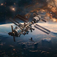 Obraz premium Space Exploration International Station Orbits Blue Earth, Galaxy, and a Nebula Background.