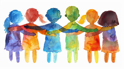 A vibrant watercolor illustration depicts children with arms around each other, celebrating friendship and diversity in various colors and hues