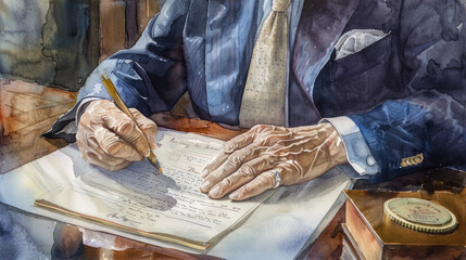 An elderly gentleman is focused on writing a letter in sunlit surroundings, exhibiting detailed hand movements and thoughtful expression while seated at a wooden desk