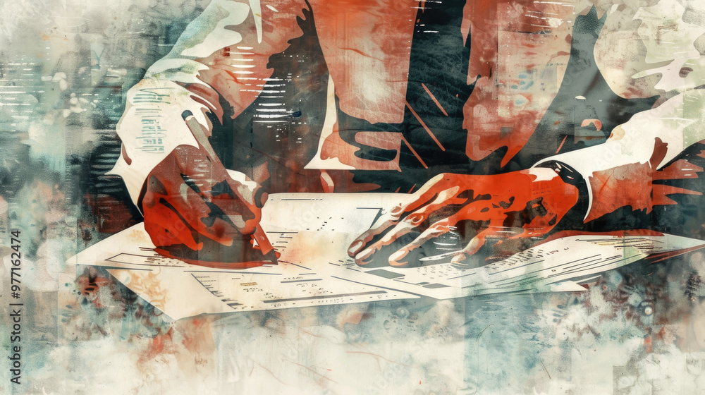 Poster hands of an individual are actively reviewing and notating financial documents, emphasizing diligenc