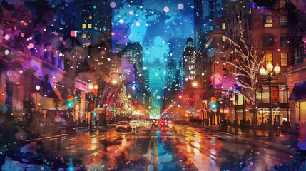 A bustling city street filled with bright lights and reflections in puddles, capturing the lively energy of the night during winter celebrations with joyful pedestrians